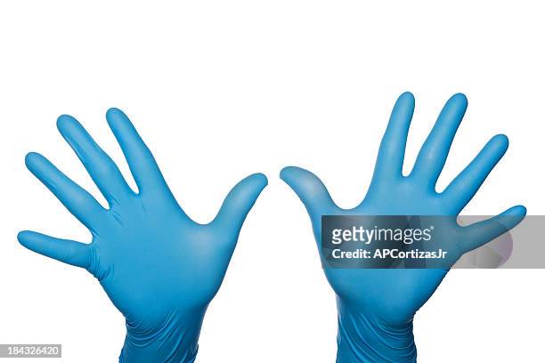 two blue medical latex gloved hands palms out fingers spread - surgical glove stock pictures, royalty-free photos & images