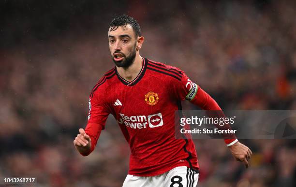 Manchester United captain Bruno Fernandes in action during the Premier League match between Manchester United and AFC Bournemouth at Old Trafford on...