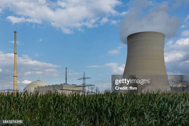nuclear power plant with agricultural field - tour de refroidissement photos et images de collection