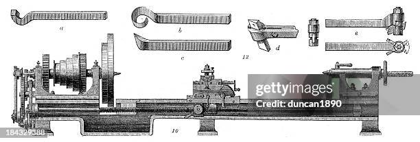 retro machinery - lathe and turnings tools - lathe stock illustrations
