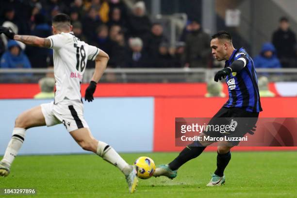 Lautaro Martinez of FC Internazionale scores their team's fourth goal during the Serie A TIM match between FC Internazionale and Udinese Calcio at...