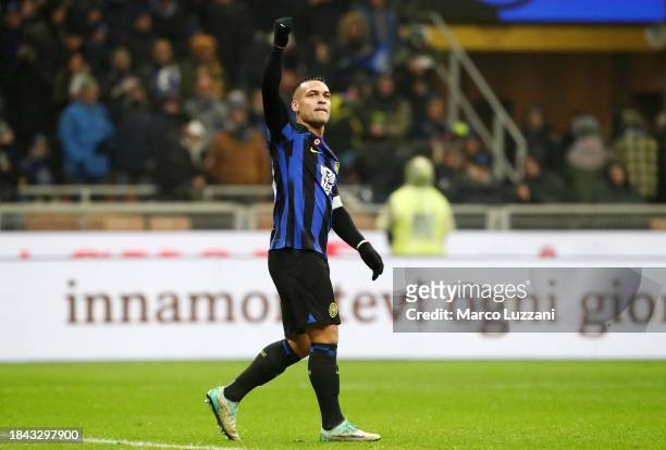 Lautaro Martinez of FC Internazionale celebrates scoring their team's fourth goal during the Serie A TIM match between FC Internazionale and Udinese...