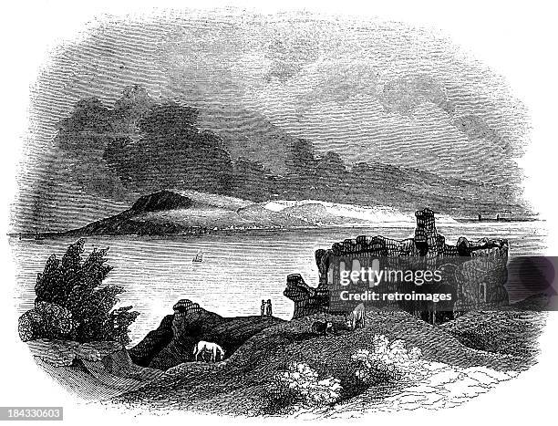 portland from sandsfoot castle (engraved illustration) - bay horse stock illustrations