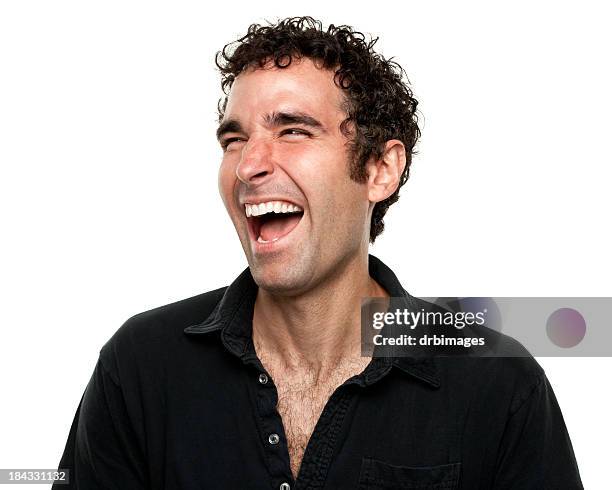 hombre sonriente histérico - hombre retrato fondo blanco fotografías e imágenes de stock
