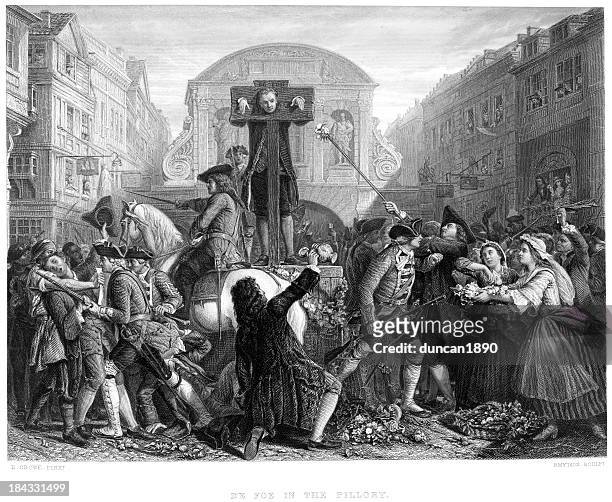 stockillustraties, clipart, cartoons en iconen met daniel defoe in the pillory - the chronicles of narnia the lion the witch and the wardrobe london premiere