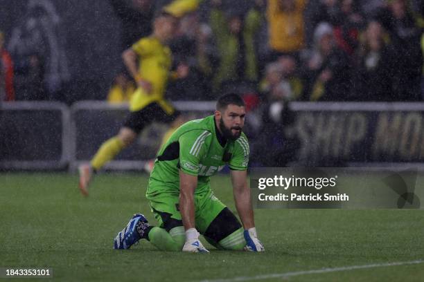 Maxime Crépeau of Los Angeles FC looks on after Yaw Yeboah of Columbus Crew scores a goal during the first half during the 2023 MLS Cup at Lower.com...