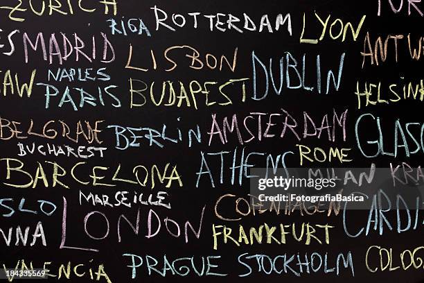 european city names over blackboard - bucharest stock illustrations