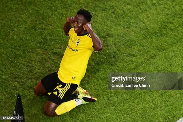 Yaw Yeboah of Columbus Crew celebrates a goal during the first half against the Los Angeles FC during the 2023 MLS Cup at Lower.com Field on December...