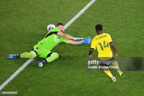Yaw Yeboah of Columbus Crew scores a goal against Maxime Crépeau of Los Angeles FC during the first half during the 2023 MLS Cup at Lower.com Field...