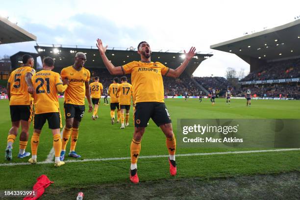 Matheus Cunha of Wolverhampton Wanderers celebrates his goal during the Premier League match between Wolverhampton Wanderers and Nottingham Forest at...