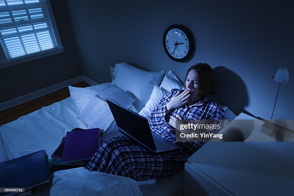 Woman with Insomnia, College Student in Bed Working on Computer