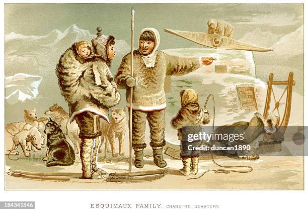 eskimo family - dog sledding stock illustrations