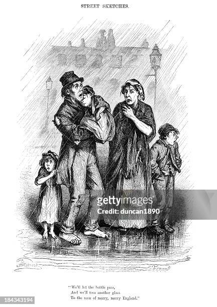 homeless family in victorian london - begging animal behavior stock illustrations