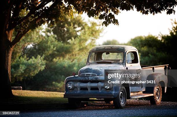 rusty old ford f2 pickup - michigan farm stock pictures, royalty-free photos & images