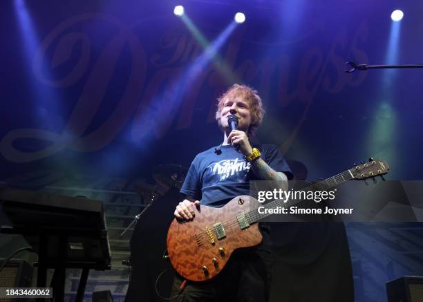 Ed Sheeran performs live on stage as he plays a surprise support set for The Darkness at The Roundhouse on December 09, 2023 in London, England.