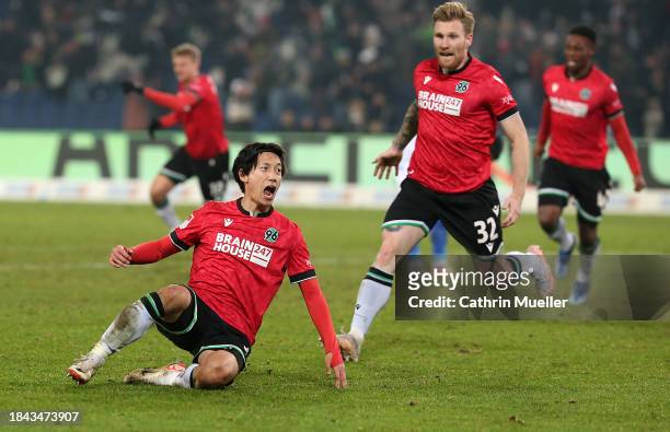 Sei Muroya of Hannover 96 celebrates scoring his team's second goal during the Second Bundesliga match between Hannover 96 and Karlsruher SC at Heinz...