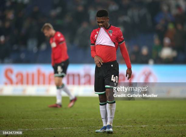 Christopher Scott of Hannover 96 reacts following the Second Bundesliga match between Hannover 96 and Karlsruher SC at Heinz von Heiden Arena on...