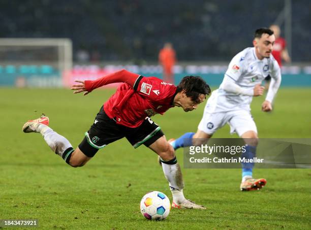 Sei Muroya of Hannover 96 runs with the ball during the Second Bundesliga match between Hannover 96 and Karlsruher SC at Heinz von Heiden Arena on...