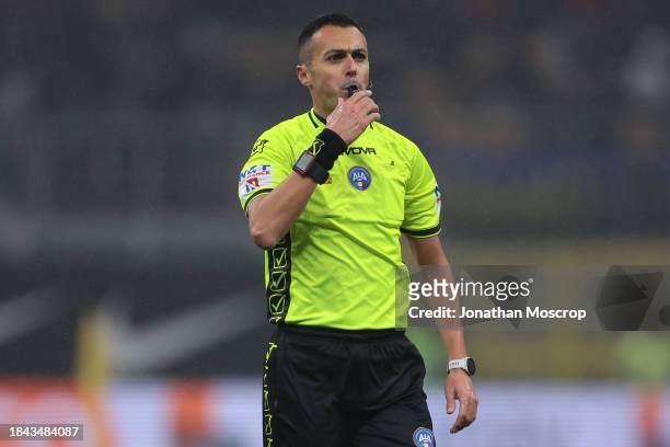 The Referee Marco Di Bello reacts during the Serie A TIM match between FC Internazionale and Udinese Calcio at Stadio Giuseppe Meazza on December 09,...