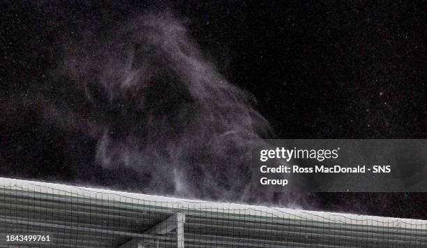 General view of snow blowing off the stadium roof during a UEFA Conference League group stage match between HJK Helsinki and Aberdeen at the Bolt...