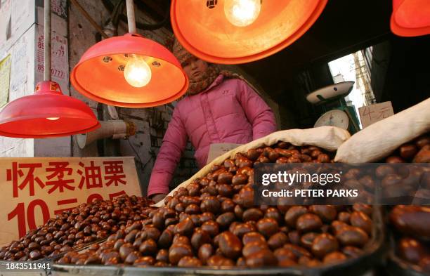 Vendor sells hot roast chestnuts, a winter speciality as temperatures stay below zero on a street in Beijing, 07 January 2006. China is already...