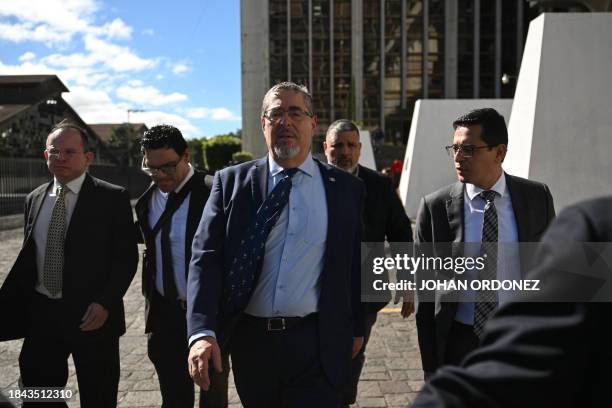 Guatemalan President-Elect Bernardo Arevalo leaves the court after requesting access to the file against the Movimiento Semilla party at the Palace...