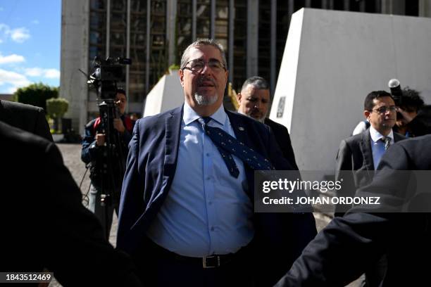 Guatemalan President-Elect Bernardo Arevalo leaves the court after requesting access to the file against the Movimiento Semilla party at the Palace...