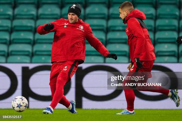 Feyenoord's Mexican forward Santiago Gimenez attends a training session at Celtic Park stadium, in Glasgow, Scotland, on December 12 on the eve of...
