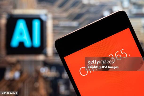 In this photo illustration, the American software multinational technology company Microsoft Office 365, logo seen displayed on a smartphone with an...