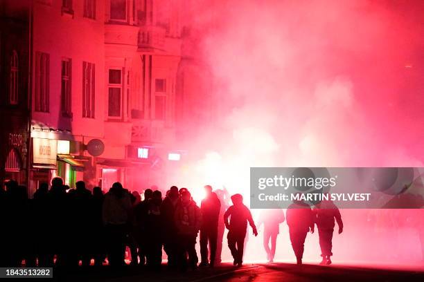 Fans from the Turkish club Galatasaray go on a fan march ahead the UEFA Champions League group A football match between FC Copenhagen and Galatasaray...