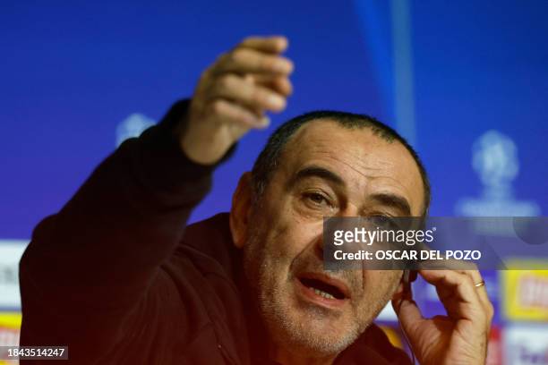 Lazio's Italian headcoach Maurizio Sarri gestures during a press conference on the eve of their UEFA Champions League group E football match against...