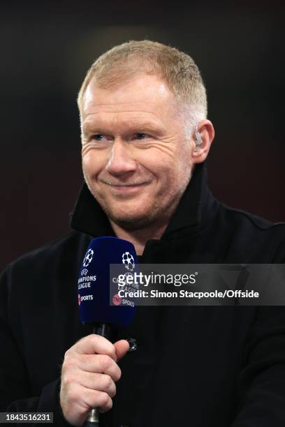 Pundit Paul Scholes during the UEFA Champions League match between Manchester United and FC Bayern München at Old Trafford on December 12, 2023 in...