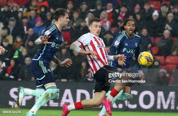Jack Clarke of Sunderland tries to reach a cross during the Sky Bet Championship match between Sunderland and Leeds United at The Stadium of Light on...