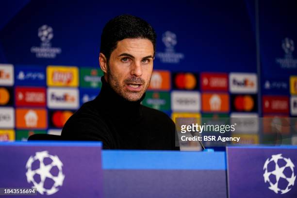 Head Coach Mikel Arteta of Arsenal attends a press conference after the UEFA Champions League Group B match between PSV and Arsenal at the Phillips...