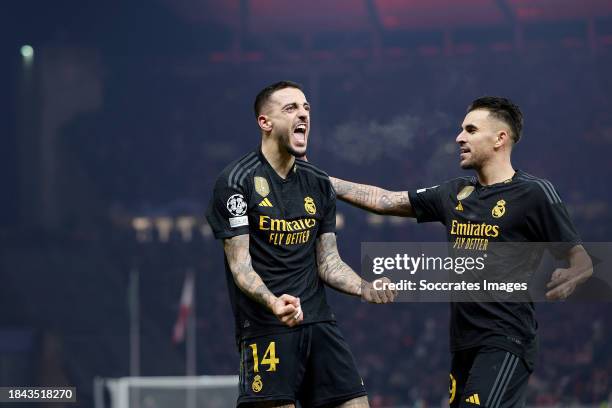 Joselu Mato of Real Madrid celebrates 1-2 with Dani Ceballos of Real Madrid during the UEFA Champions League match between Union Berlin v Real Madrid...