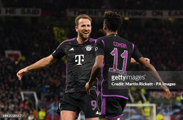 Bayern Munich's Kingsley Coman celebrates scoring their side's first goal of the game with team-mate Harry Kane during the UEFA Champions League,...
