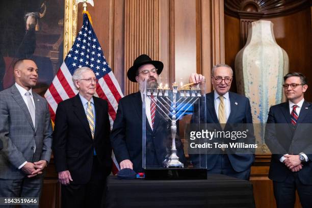 From left, House Minority Leader Hakeem Jeffries, D-N.Y., Senate Minority Leader Mitch McConnell, R-Ky., Rabbi Levi Shemtov, Senate Majority Leader...