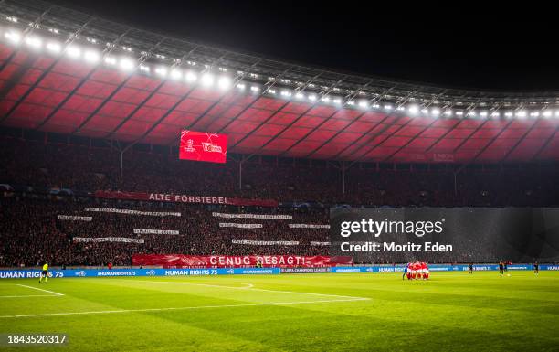 Choreography of the 1 FC Union Berlin Fans before the UEFA Champions League match between 1 FC Union Berlin and Real Madrid on December 12, 2023 in...