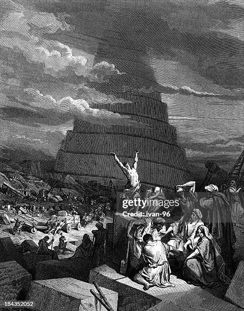 black and white drawing of tower of babel - tower of babel stock illustrations