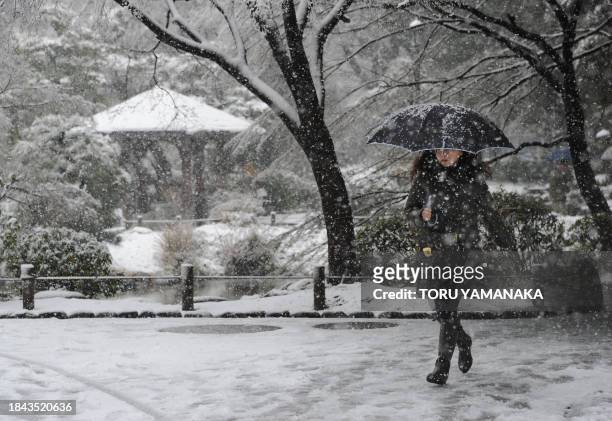 People walk under snow on the streets in the downtown Tokyo on February 29, 2012. According to the World Meteorological Organization, Tokyo will have...