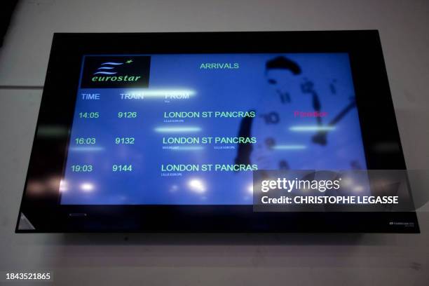 Illustration shows the arrivals screen of the Eurostar train at Brussels South railway station announcing the arrival of the Eurostar train coming...