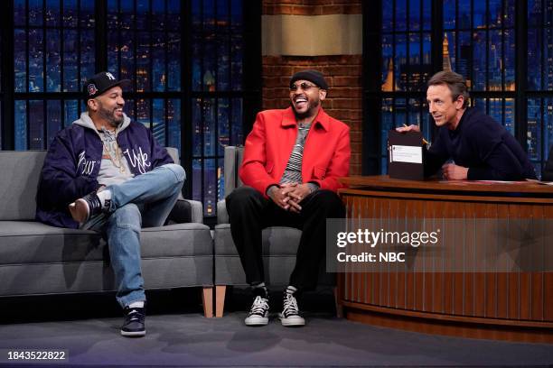 Episode 1459 -- Pictured: The Kid Mero and Carmelo Anthony during an interview with host Seth Meyers on December 12, 2023 --