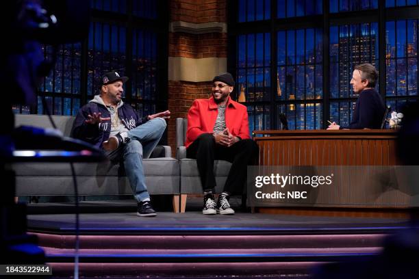 Episode 1459 -- Pictured: The Kid Mero and Carmelo Anthony during an interview with host Seth Meyers on December 12, 2023 --