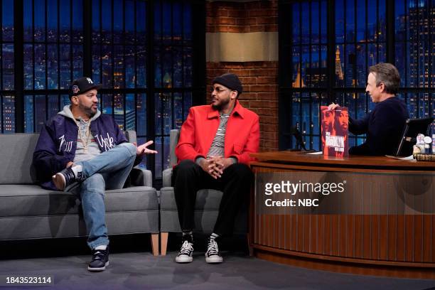 Episode 1459 -- Pictured: The Kid Mero and Carmelo Anthony during an interview with host Seth Meyers on December 12, 2023 --