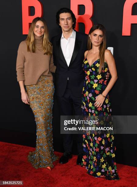 Actress Shailene Woodley , US actor Adam Driver and Spanish actress Penelope Cruz arrive for the "Ferrari" premiere at the Director's Guild of...