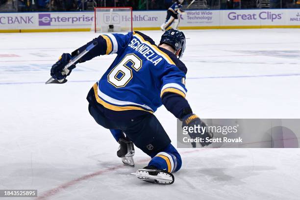 Marco Scandella of the St. Louis Blues celebrates his goal against the Detroit Red Wings on December 12, 2023 at the Enterprise Center in St. Louis,...