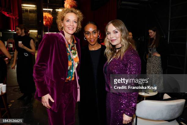 Katja Riemann, Hadnet Tesfai and Regina Halmich during the Frauen100 The Stage at Admiralspalast on December 12, 2023 in Berlin, Germany.