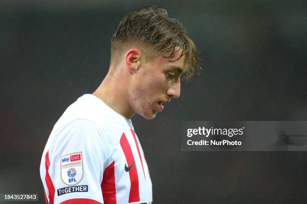 Jack Clarke is reacting to a missed chance during the Sky Bet Championship match between Sunderland and Leeds United at the Stadium of Light in...