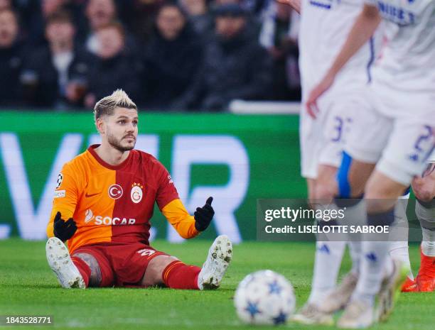 Galatasaray's Argentine forward Mauro Icardi reacts during the UEFA Champions League group A football match between FC Copenhagen and Galatasaray in...