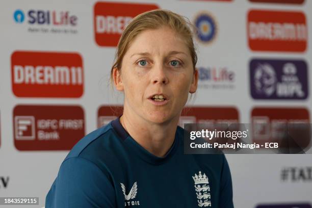 Heather Knight captain of England attends a press conference prior to the net session at DY Patil Stadium on December 13, 2023 in Navi Mumbai, India.